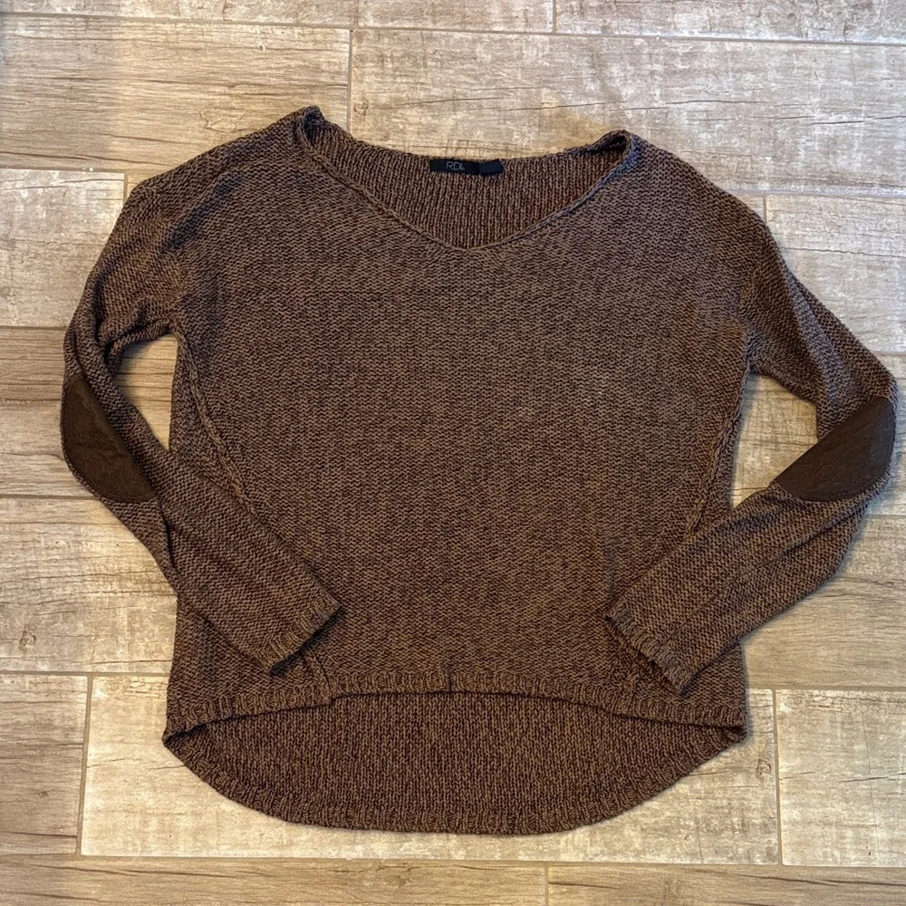 RDI Brown V-Neck Women's Sweater With Faux Suede Elbow Patches